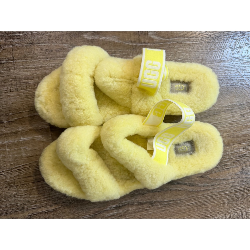 UGG Oh Fluffita Sulfur Yellow Sheepskin Platform Slingback Slides Sandals Size 9 - Picture 2 of 7
